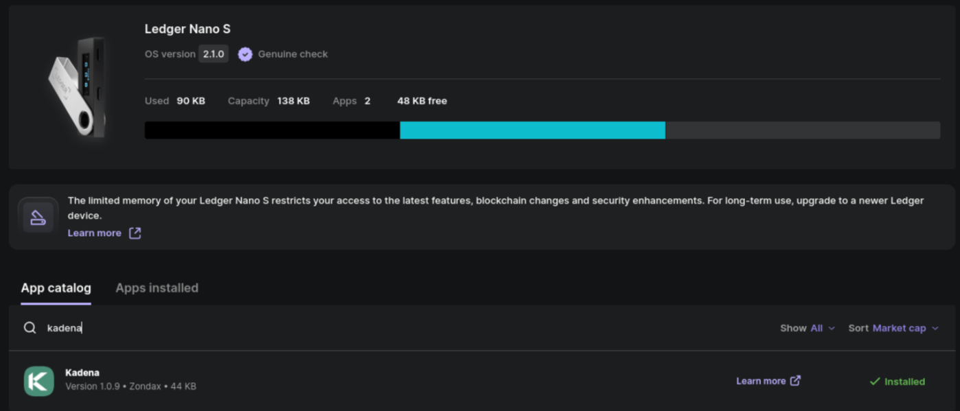 Ledger Live with Kadena installed